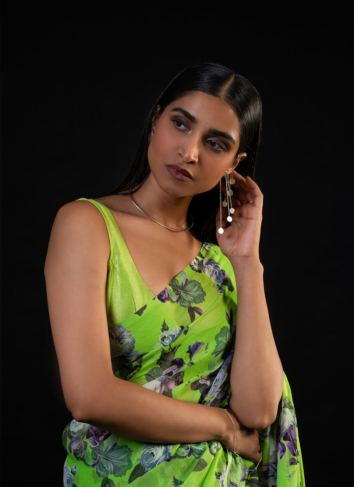 Mehfil - Parrot Green Floral Print Saree
