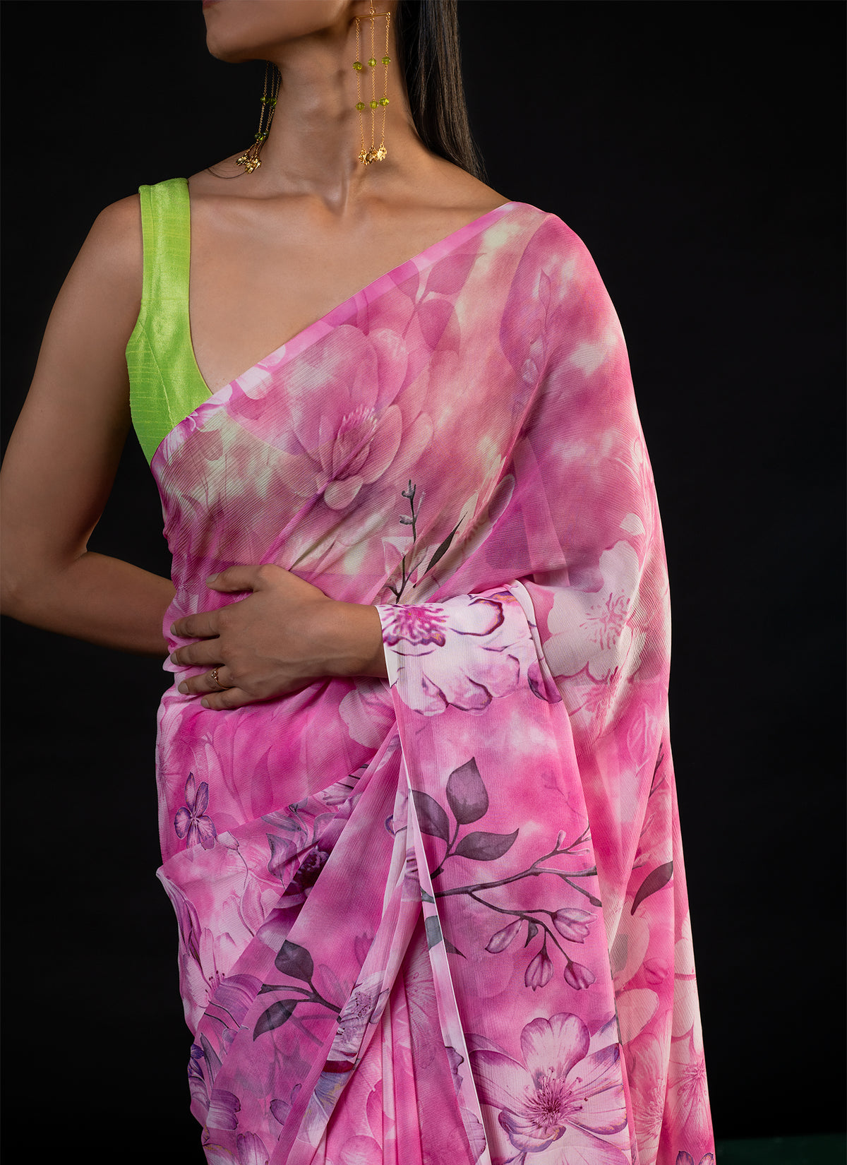 Bahaar - Pink Floral Print Saree