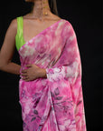 Bahaar - Pink Floral Print Saree