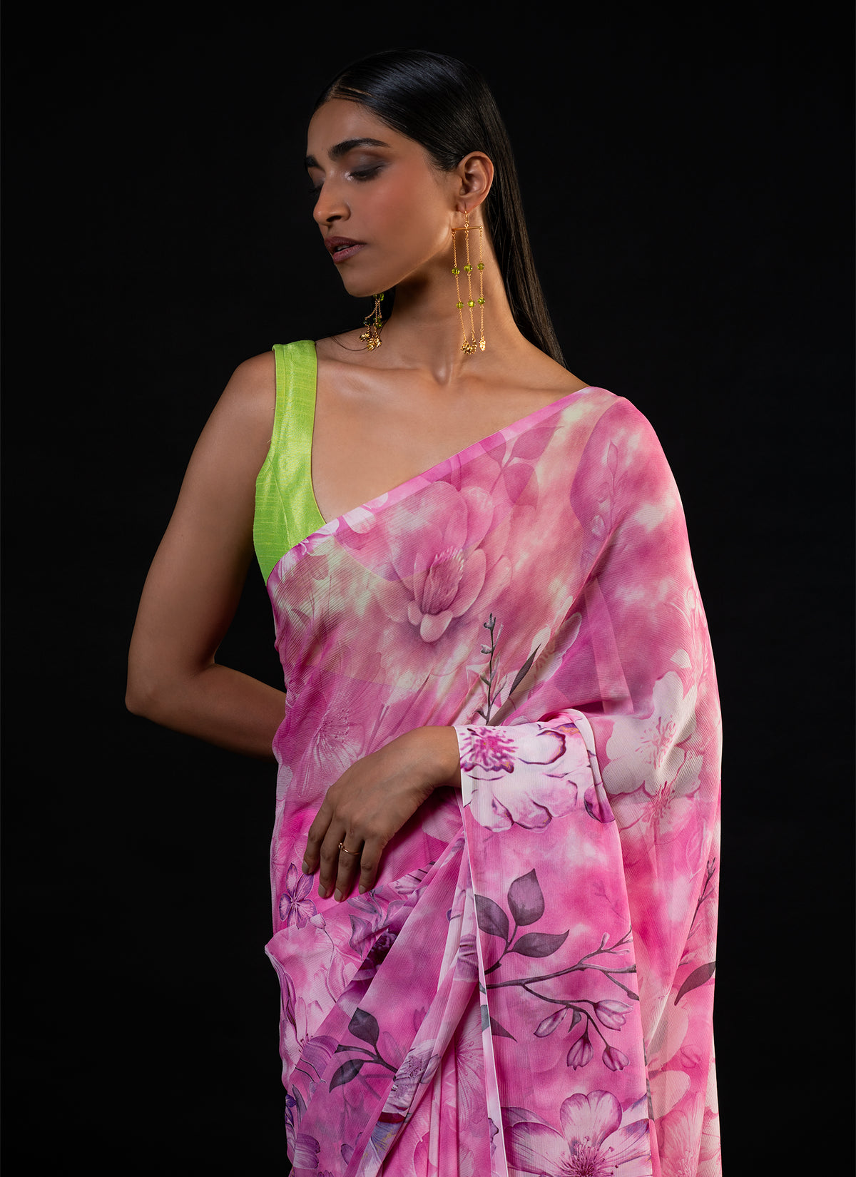 Bahaar - Pink Floral Print Saree