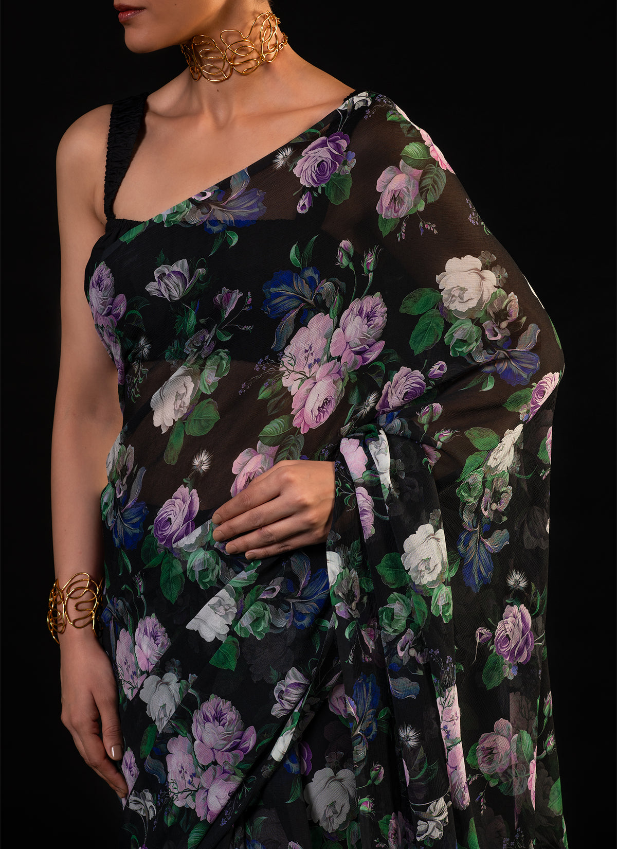 Mehfil - Black Floral Print Saree