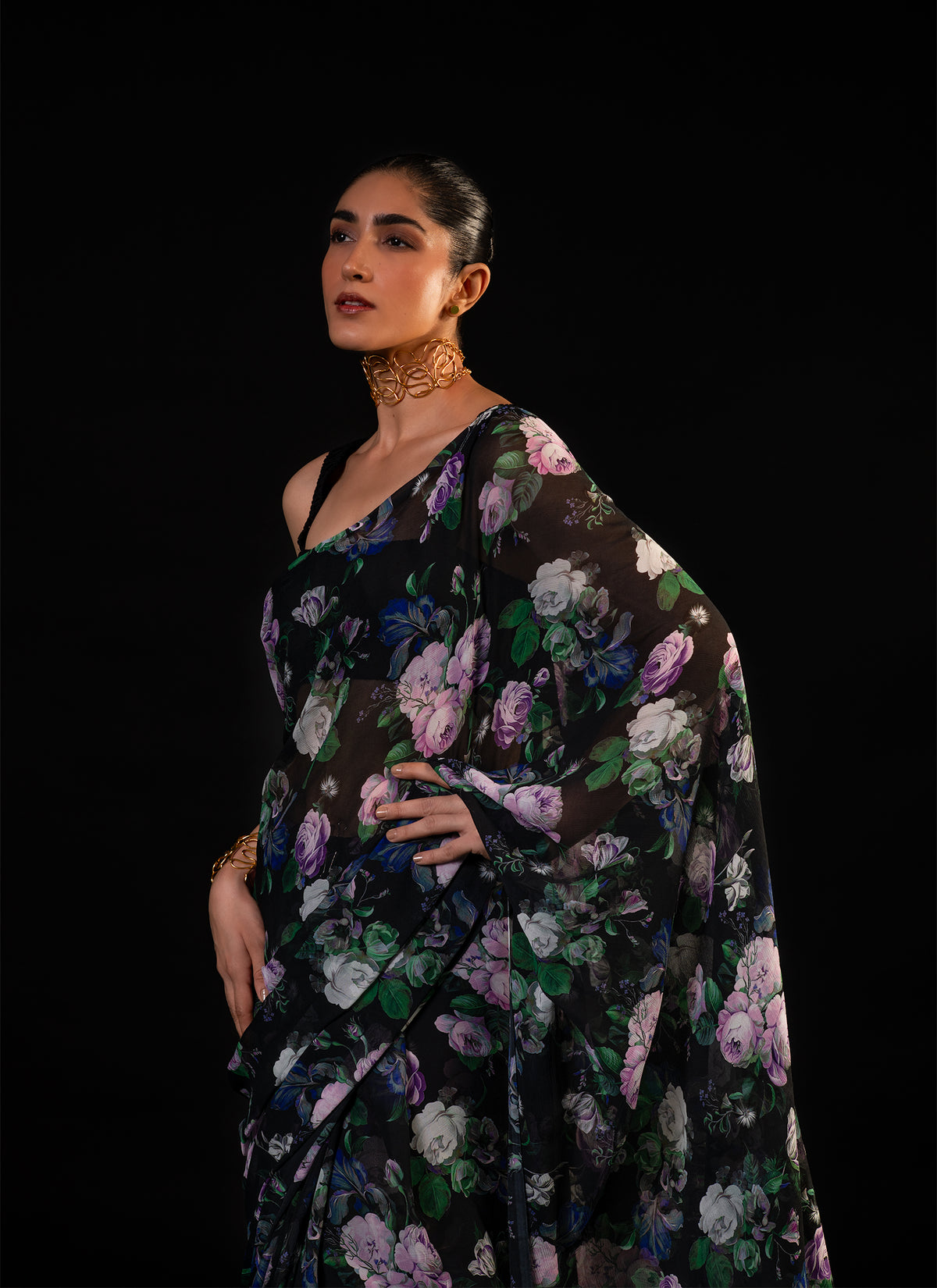 Mehfil - Black Floral Print Saree