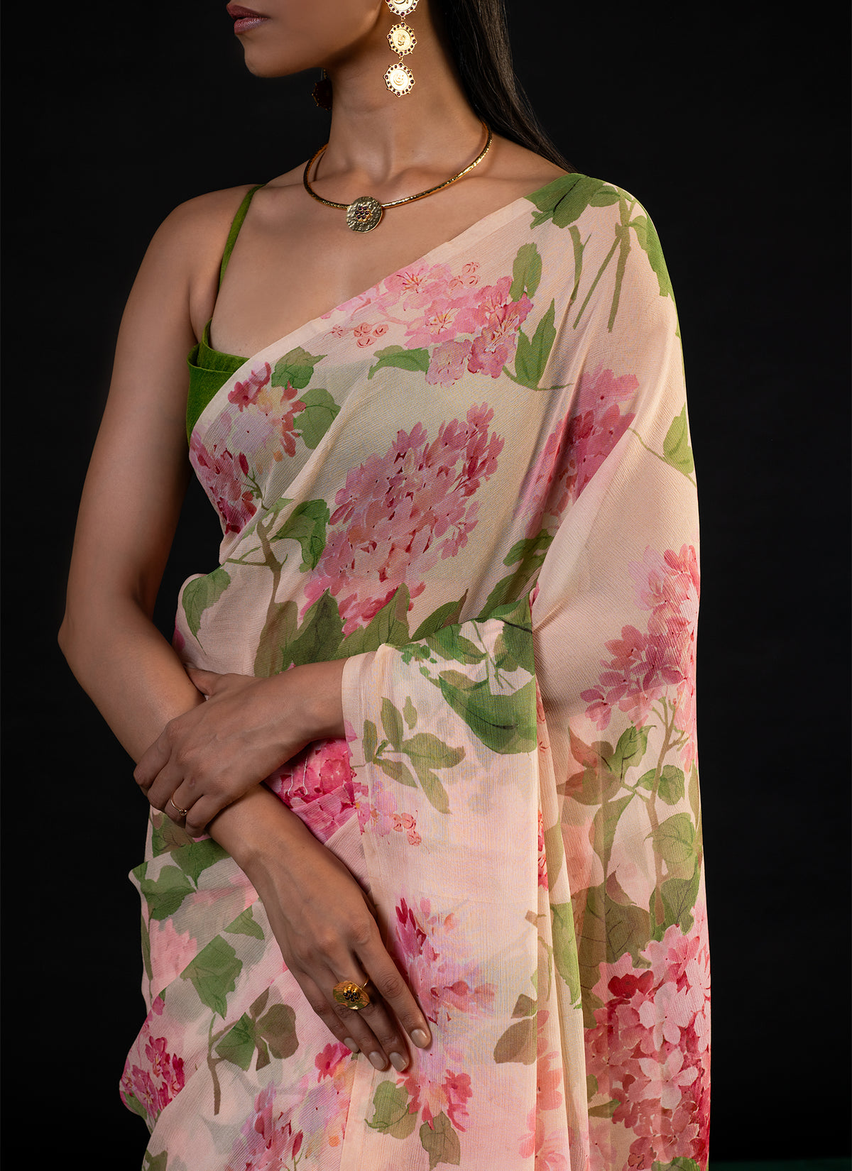 Chandni - Peach Floral Print Saree