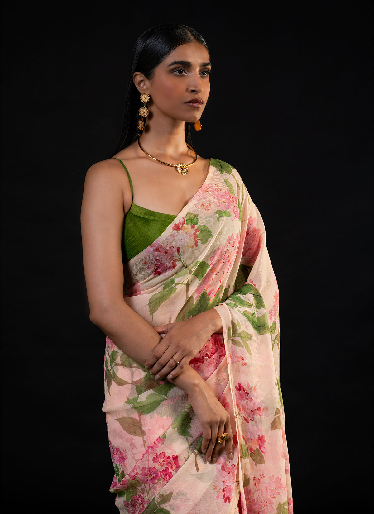 Chandni - Peach Floral Print Saree
