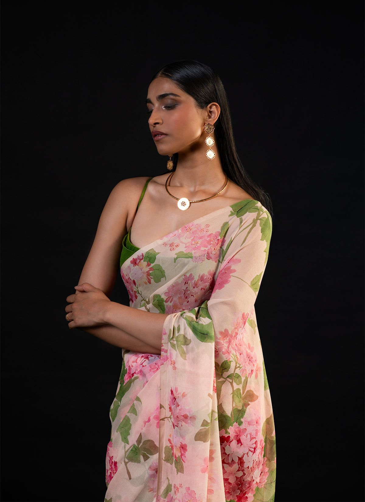 Chandni - Peach Floral Print Saree