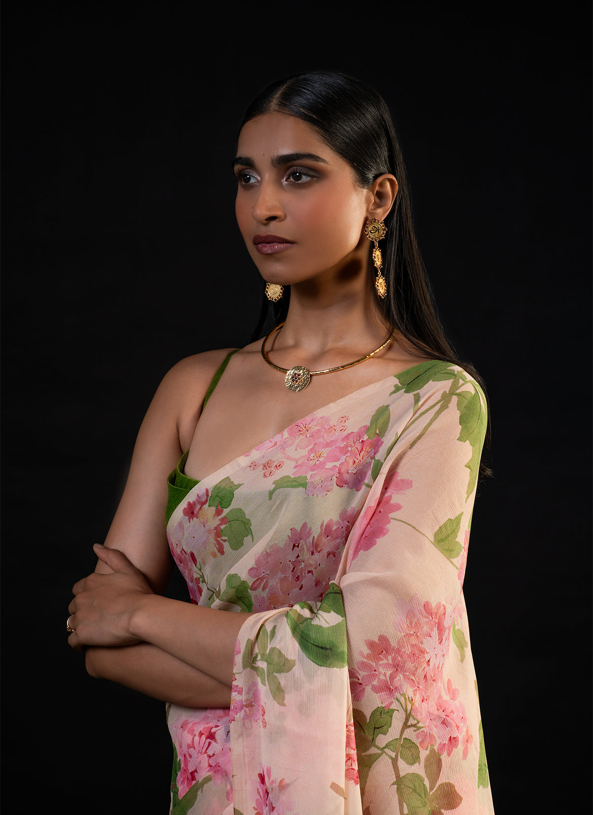 Chandni - Peach Floral Print Saree