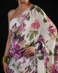 Chandni - Ivory Floral Print Saree