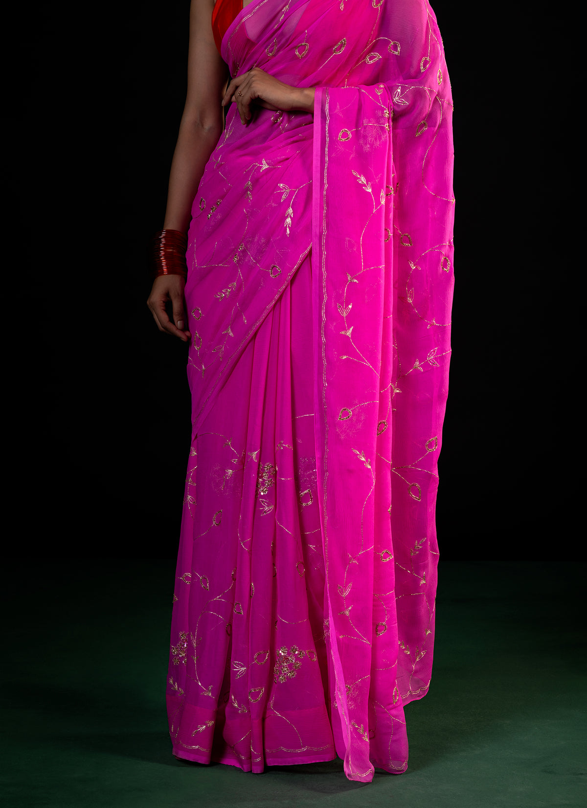 Vine - Pink Silk Chiffon Embroidered Saree