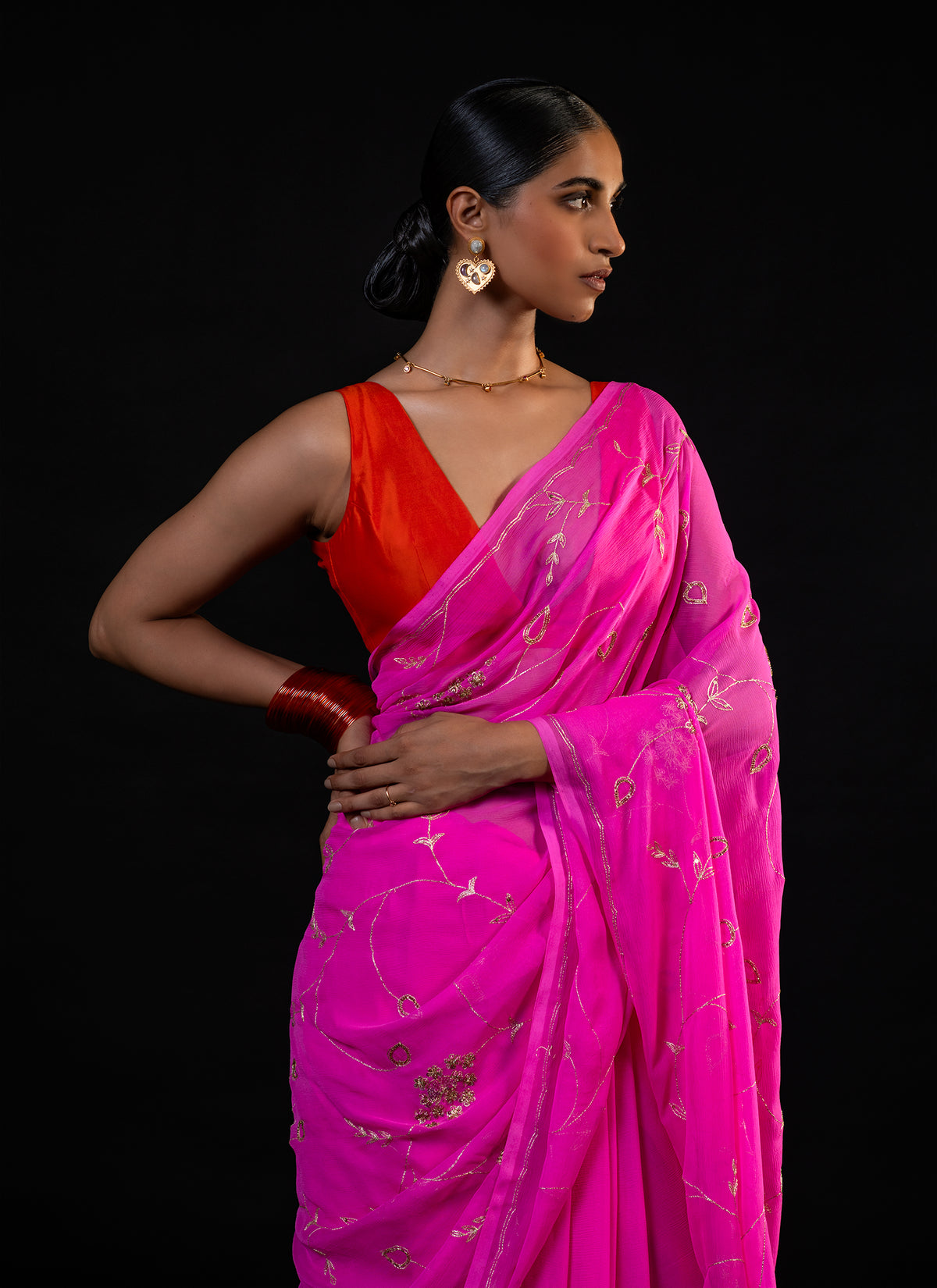 Vine - Pink Silk Chiffon Embroidered Saree