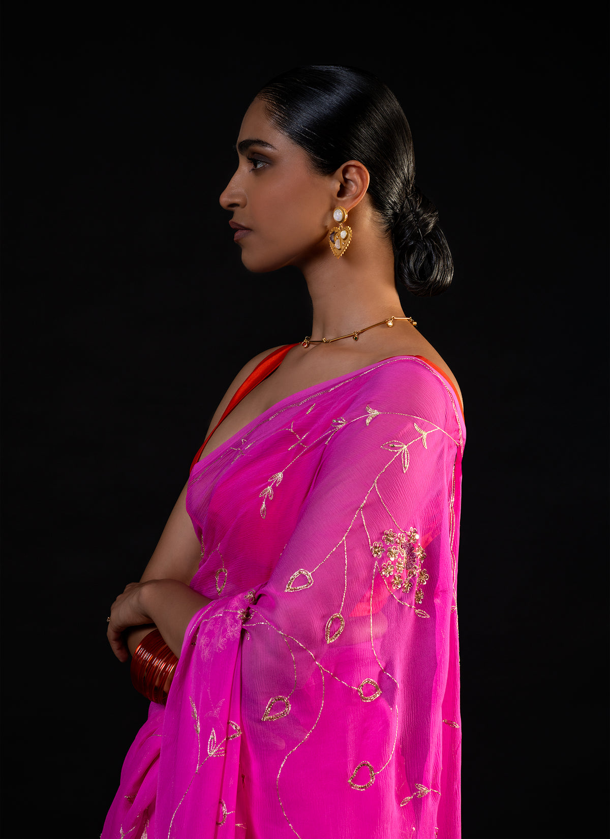 Vine - Pink Silk Chiffon Embroidered Saree