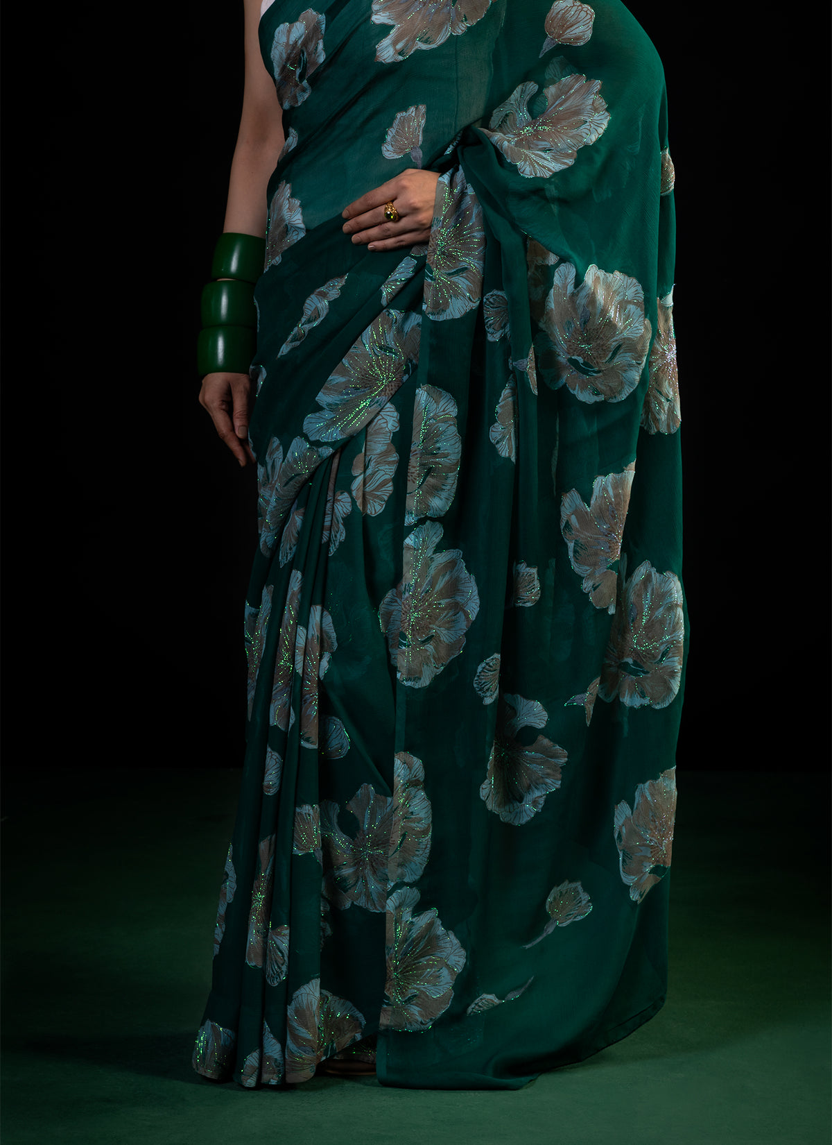 Meadow - Green Floral Silk Chiffon Embroidered Saree