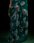Meadow - Green Floral Silk Chiffon Embroidered Saree