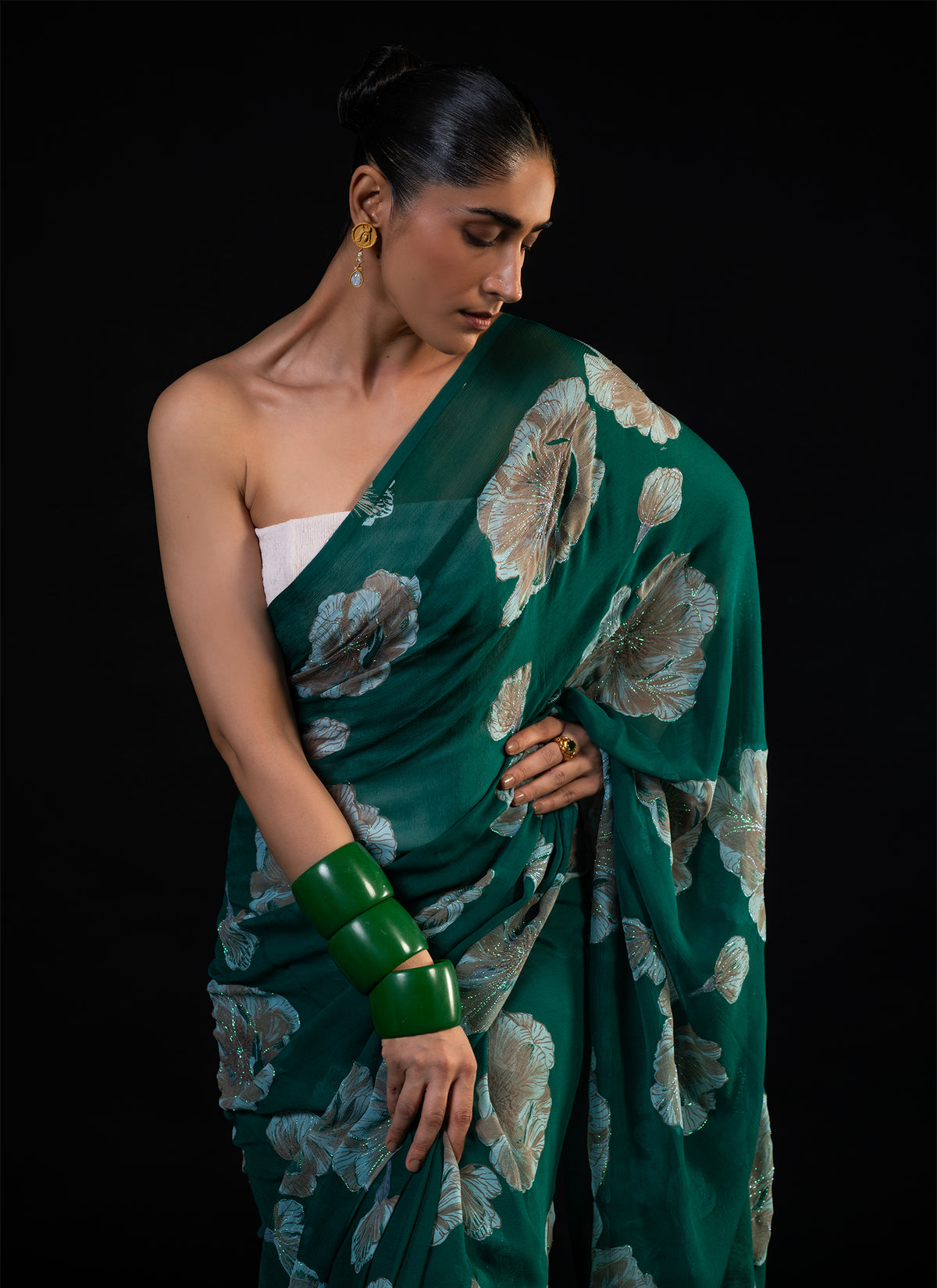Meadow - Green Floral Silk Chiffon Embroidered Saree