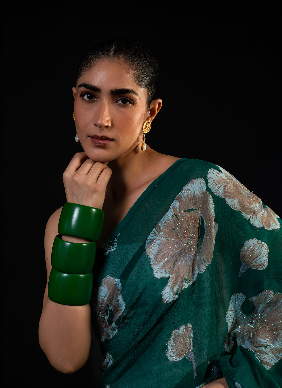 Meadow - Green Floral Silk Chiffon Embroidered Saree