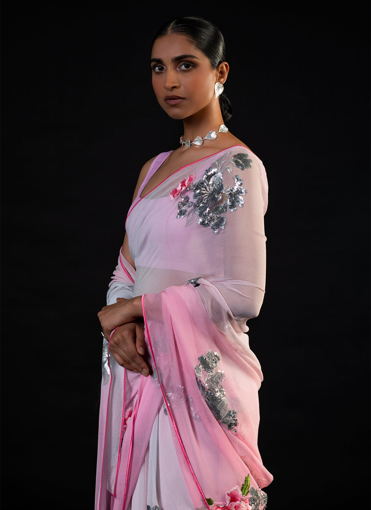 Magnolia - Shaded Pink Silk Chiffon Embroidered Saree