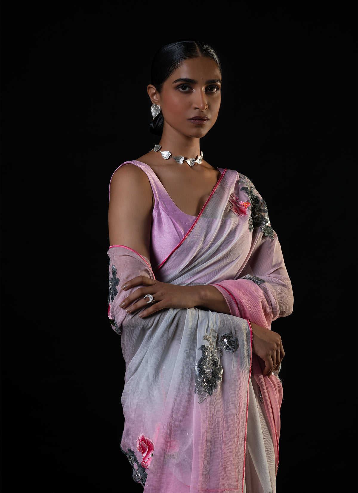 Magnolia - Shaded Pink Silk Chiffon Embroidered Saree