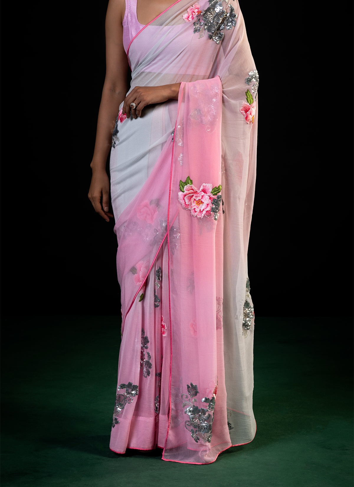 Magnolia - Shaded Pink Silk Chiffon Embroidered Saree