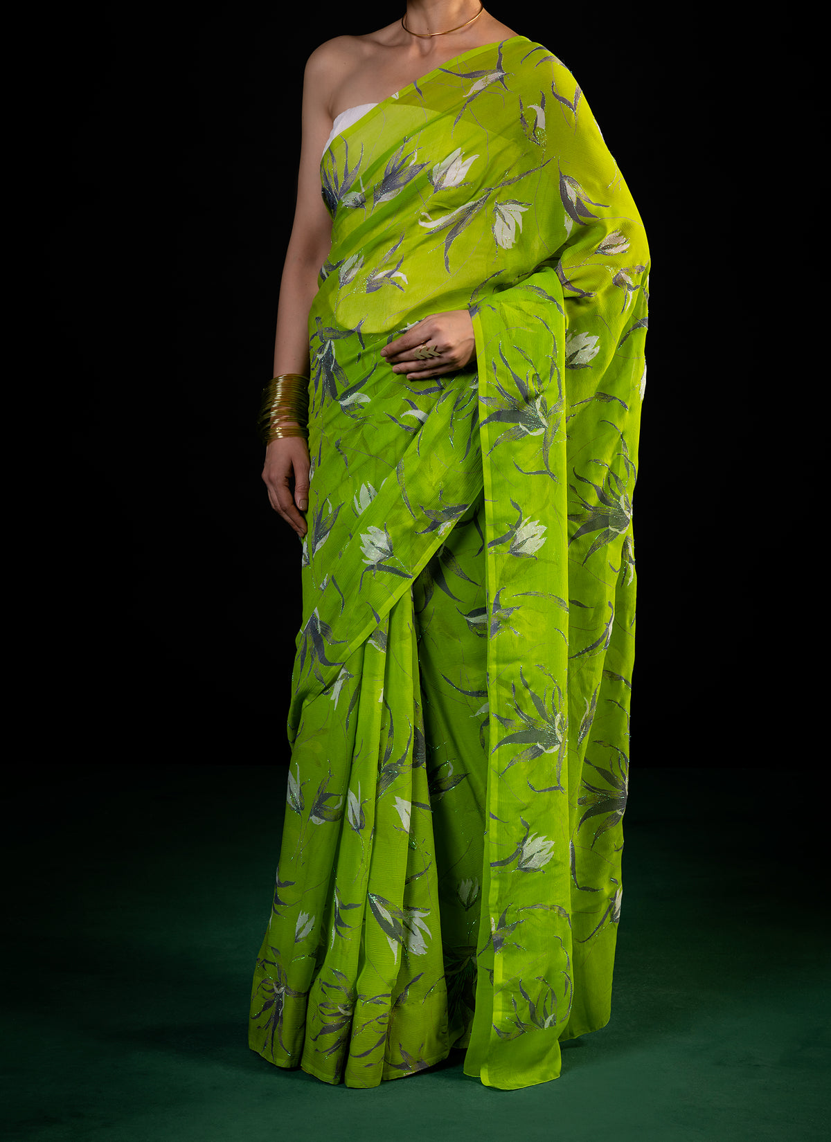 Vineyard - Teal Silk Chiffon Embroidered Saree