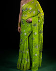 Vineyard - Teal Silk Chiffon Embroidered Saree
