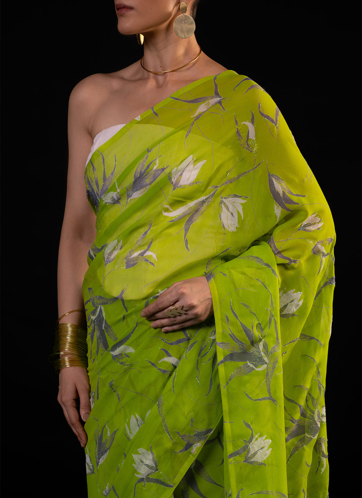 Vineyard - Teal Silk Chiffon Embroidered Saree