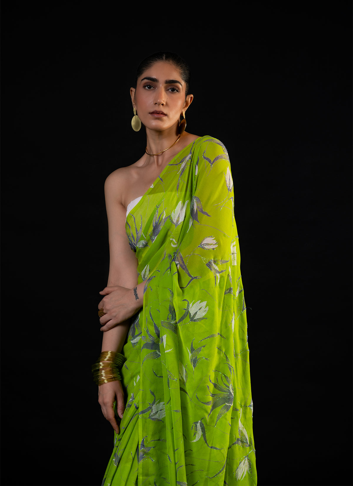Vineyard - Teal Silk Chiffon Embroidered Saree
