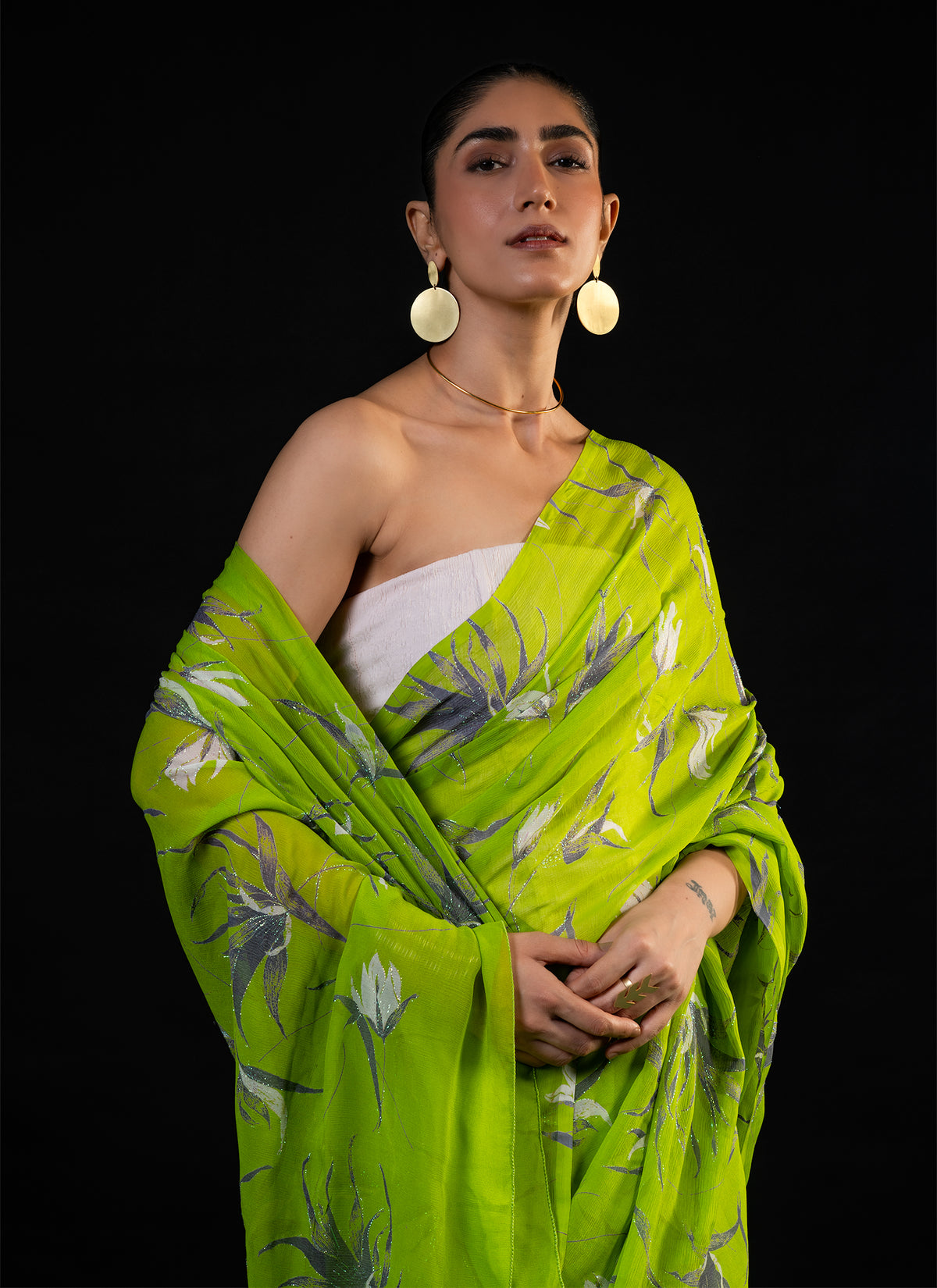 Vineyard - Teal Silk Chiffon Embroidered Saree