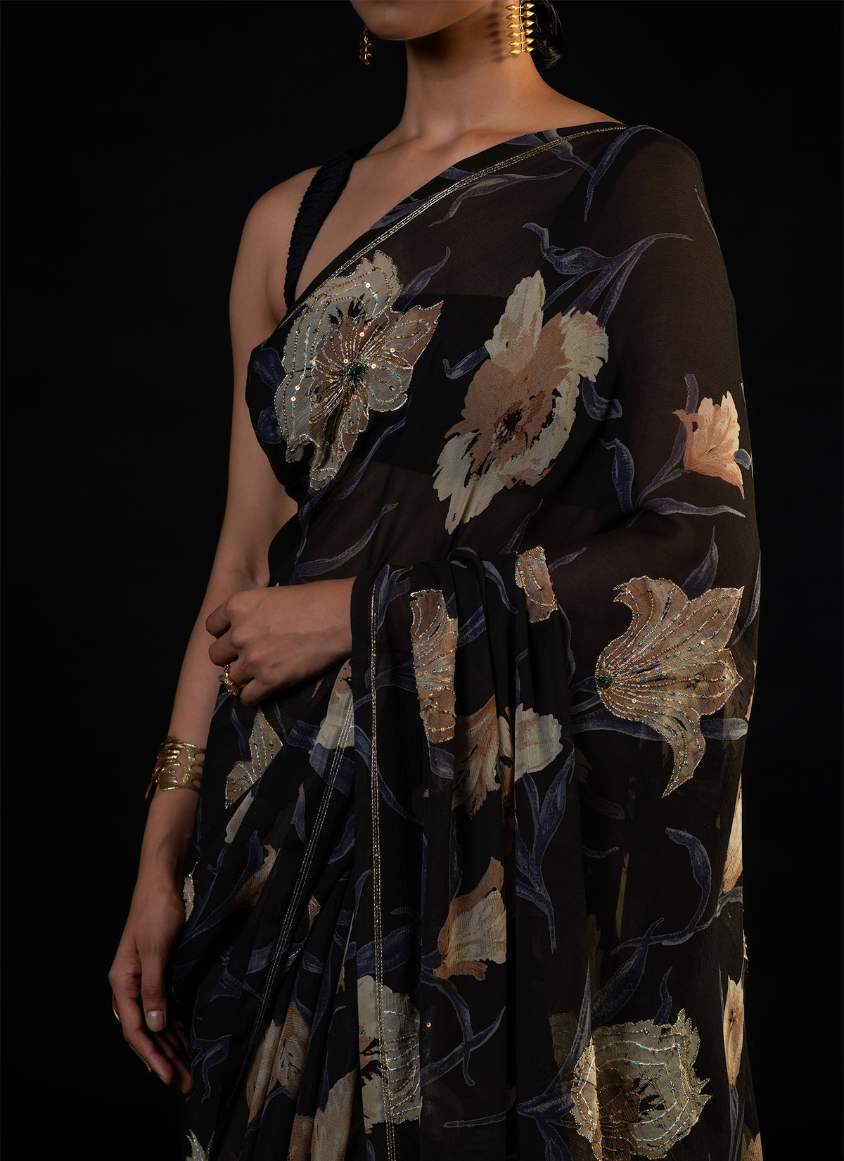 Lantern - Black Lily Silk Chiffon Embroidered Saree