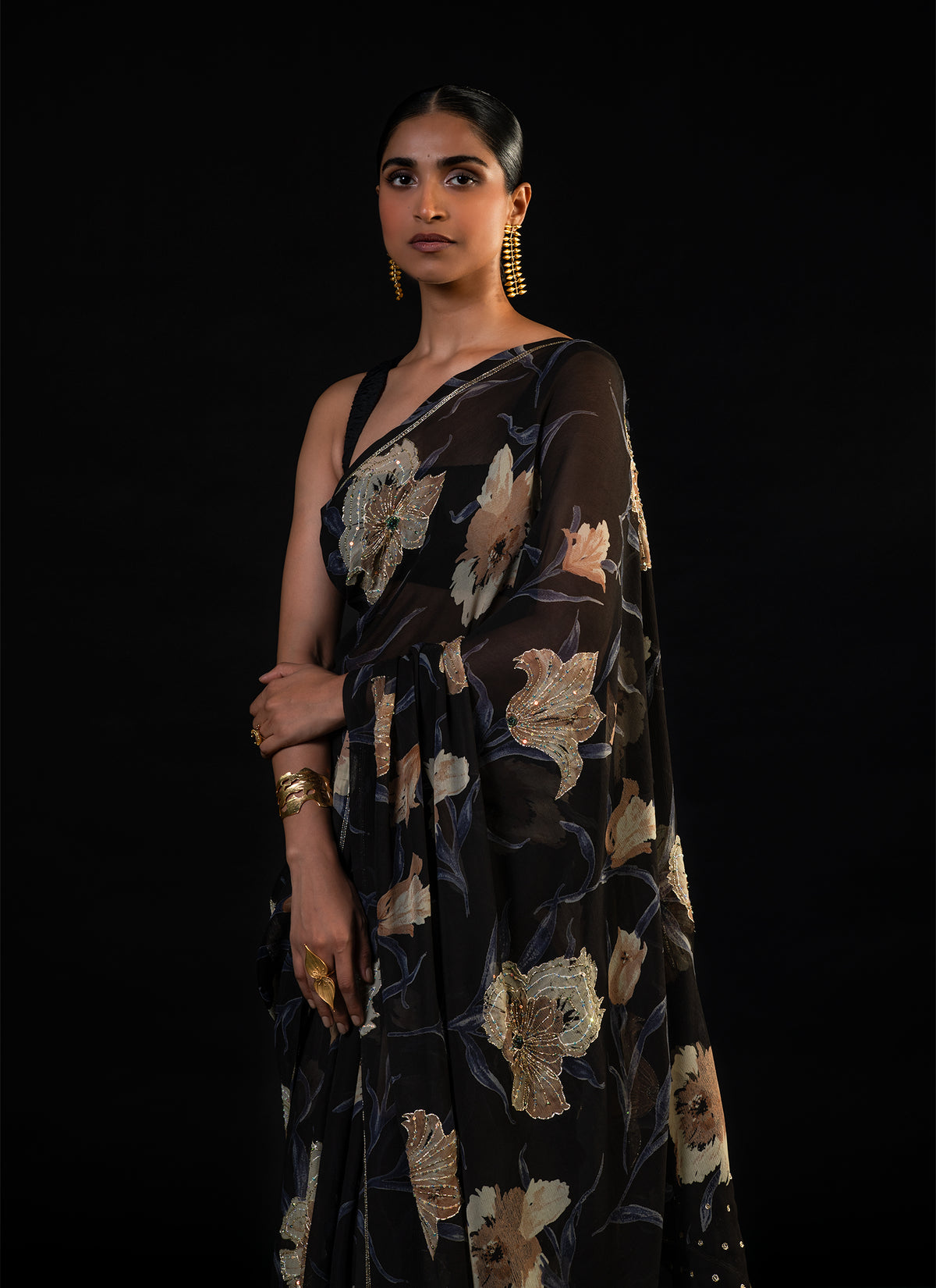 Lantern - Black Lily Silk Chiffon Embroidered Saree