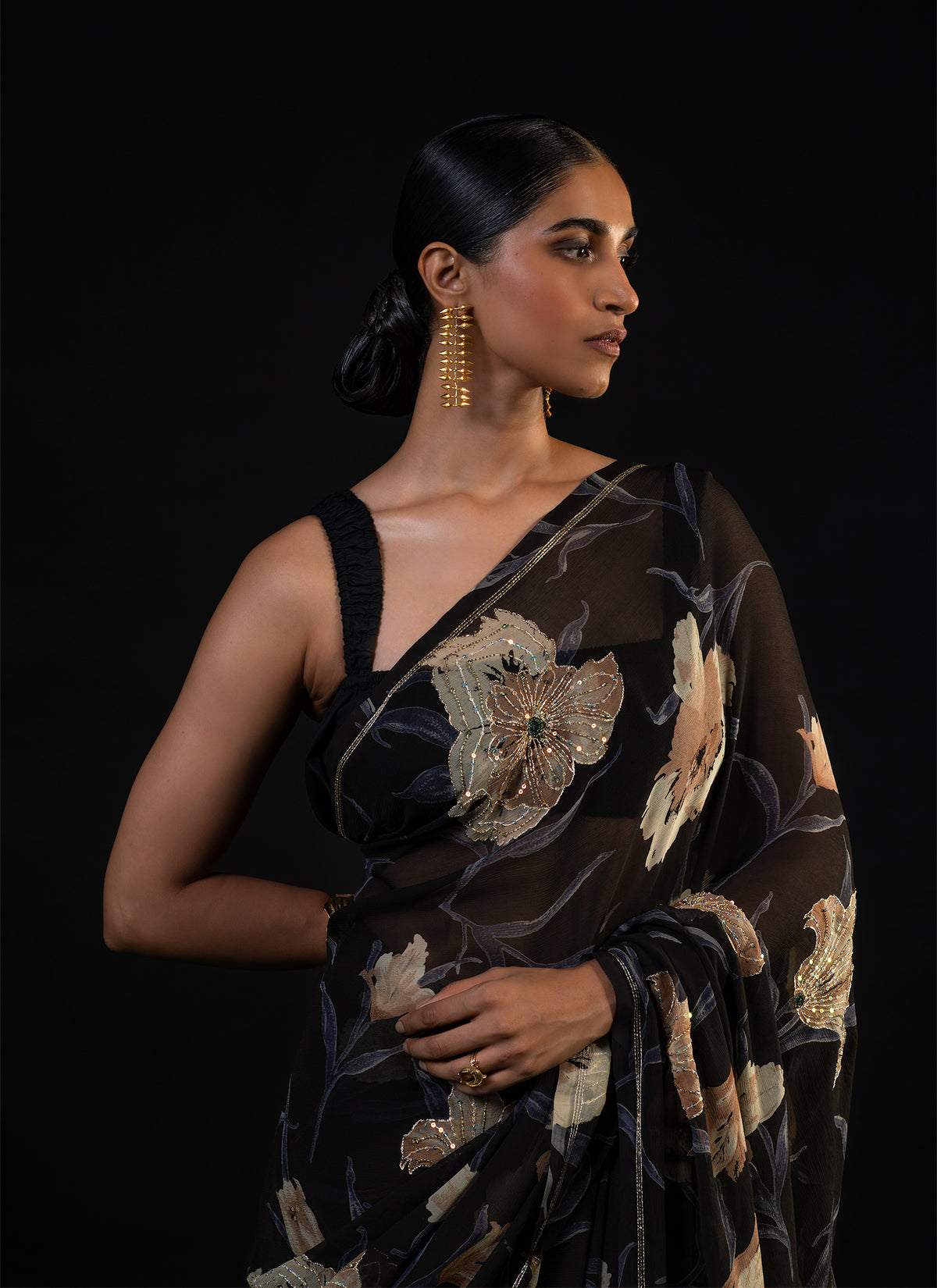 Lantern - Black Lily Silk Chiffon Embroidered Saree