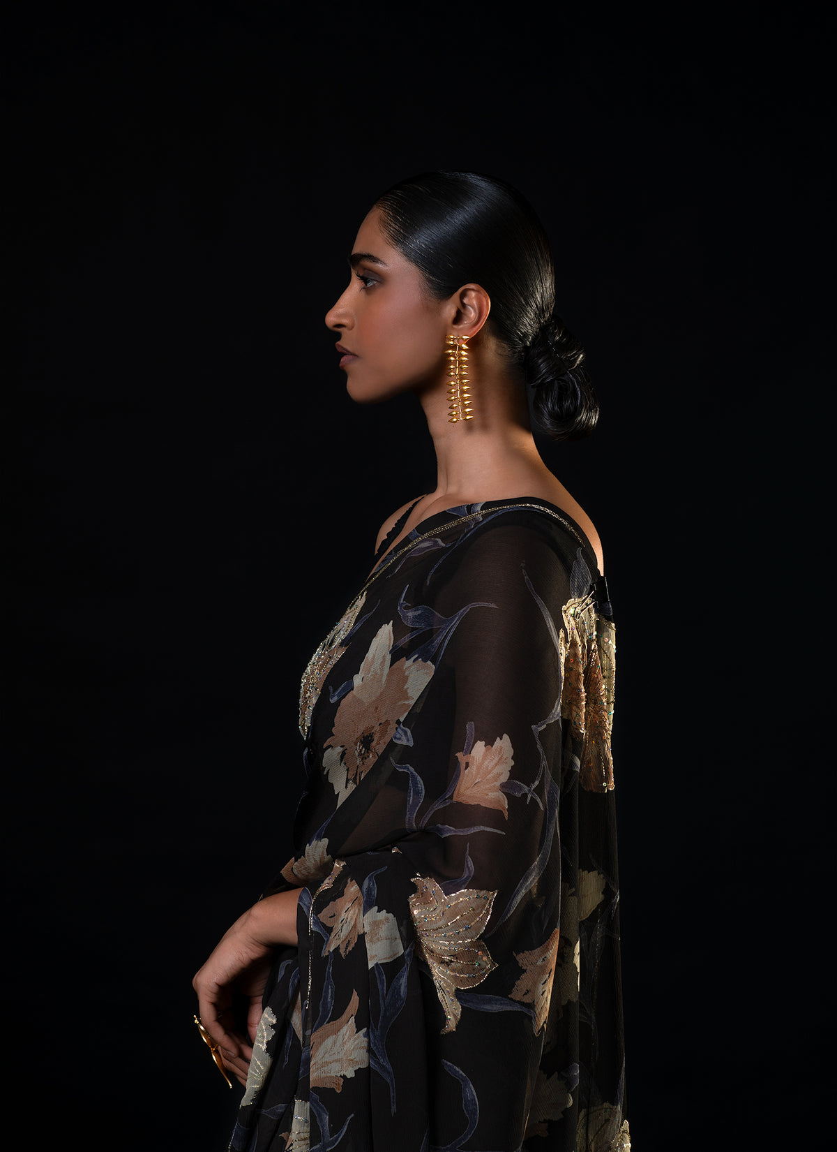 Lantern - Black Lily Silk Chiffon Embroidered Saree