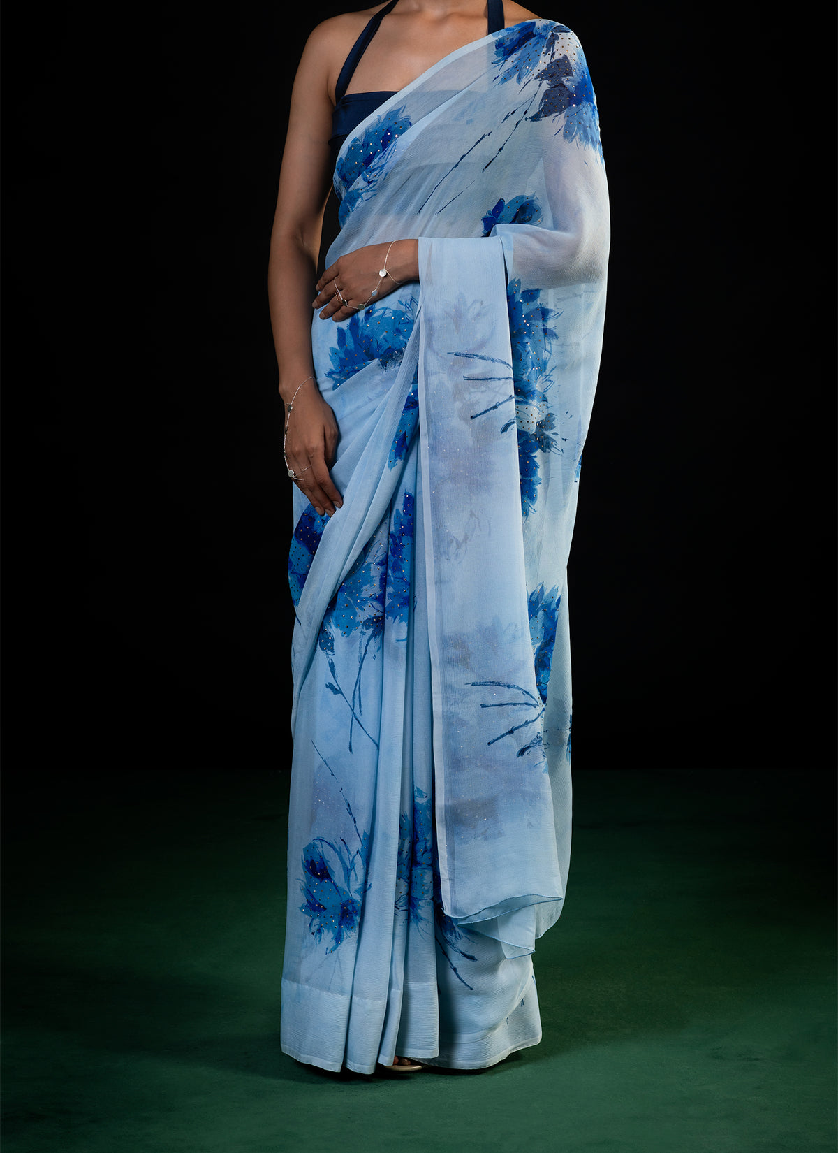 Sprig - Aqua Silk Chiffon Embroidered Saree