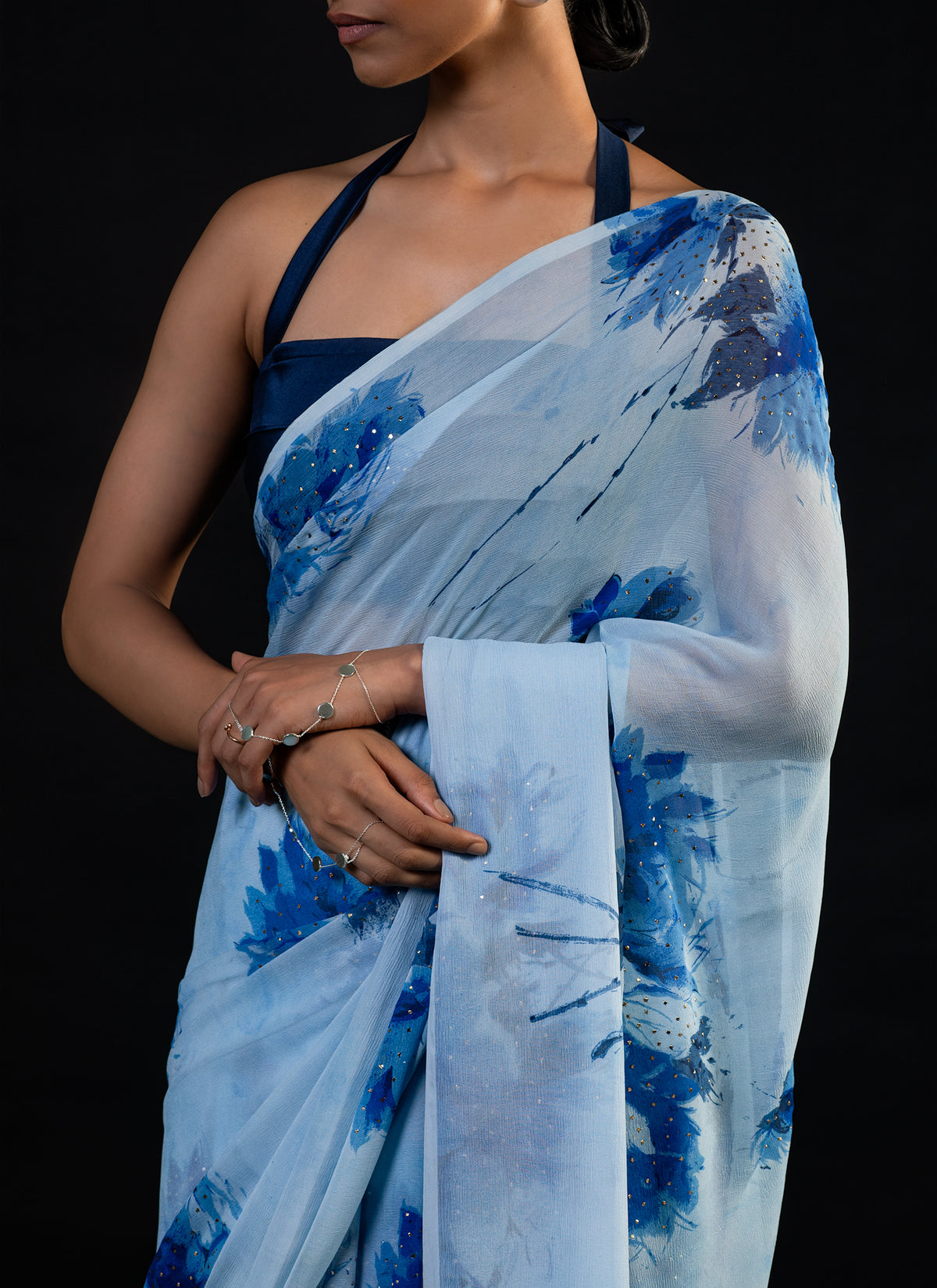Sprig - Aqua Silk Chiffon Embroidered Saree