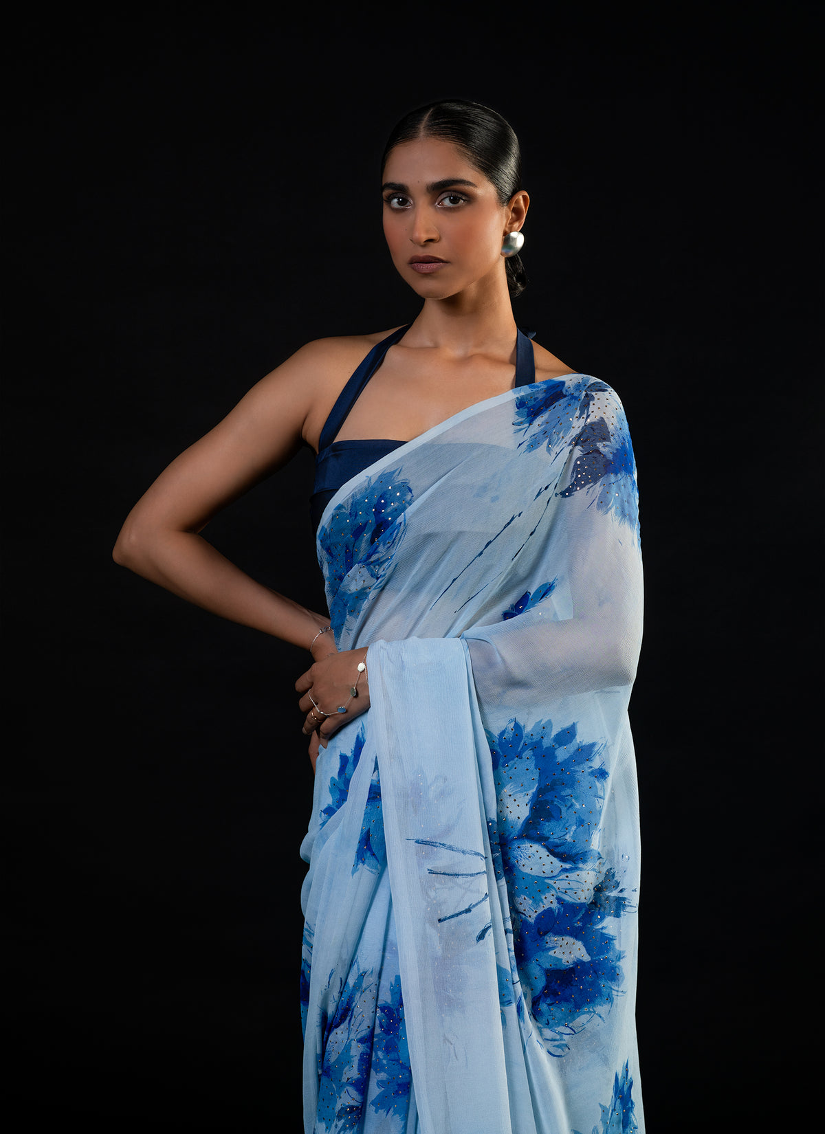 Sprig - Aqua Silk Chiffon Embroidered Saree
