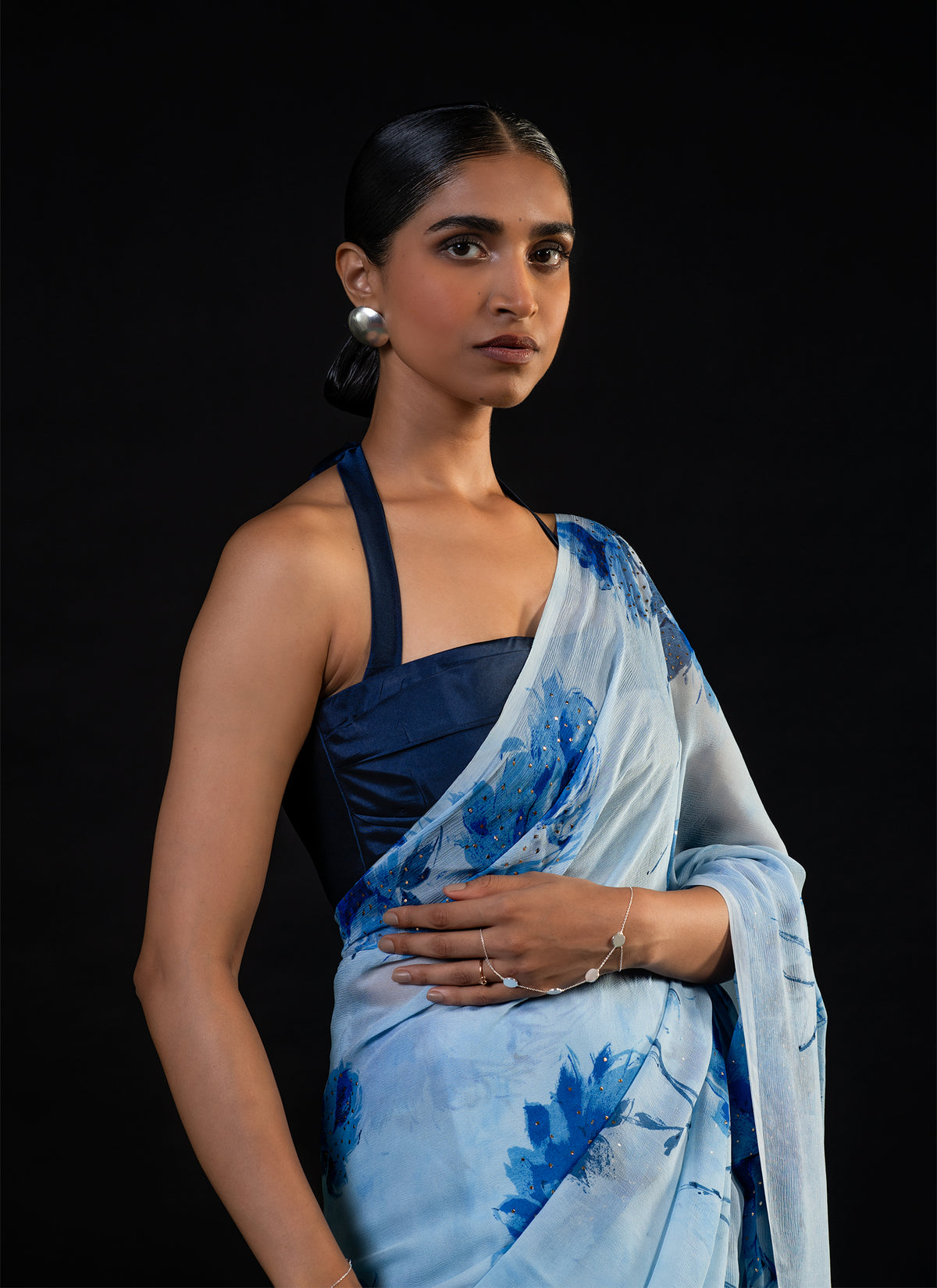 Sprig - Aqua Silk Chiffon Embroidered Saree
