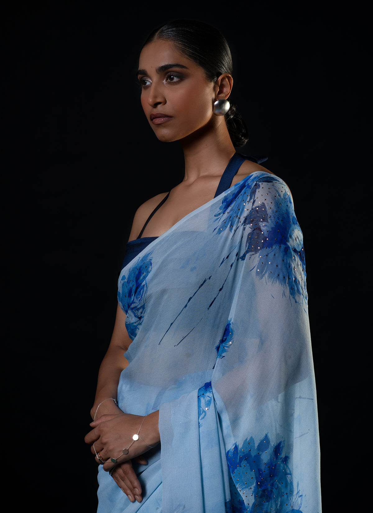 Sprig - Aqua Silk Chiffon Embroidered Saree