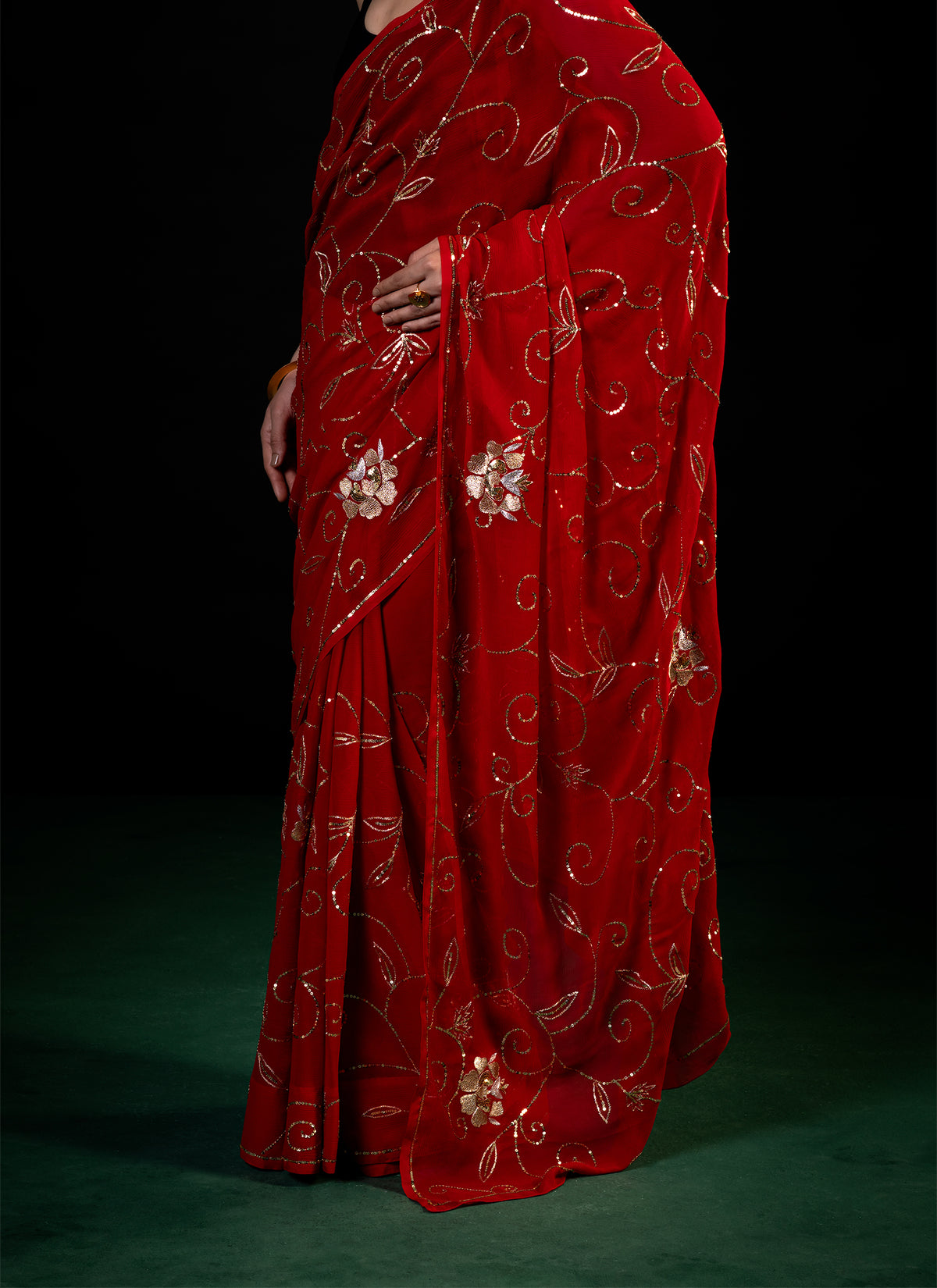 Harvest - Red Silk Chiffon Embroidered Saree