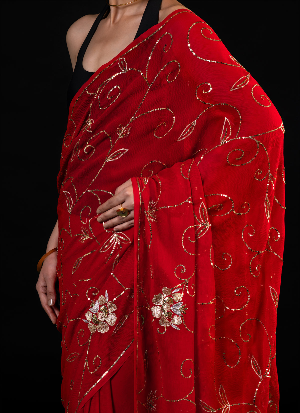Harvest - Red Silk Chiffon Embroidered Saree