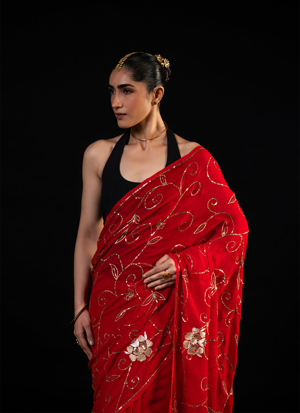 Harvest - Red Silk Chiffon Embroidered Saree