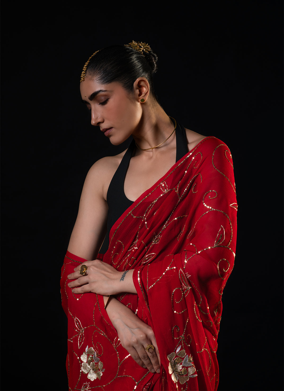 Harvest - Red Silk Chiffon Embroidered Saree