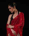 Harvest - Red Silk Chiffon Embroidered Saree