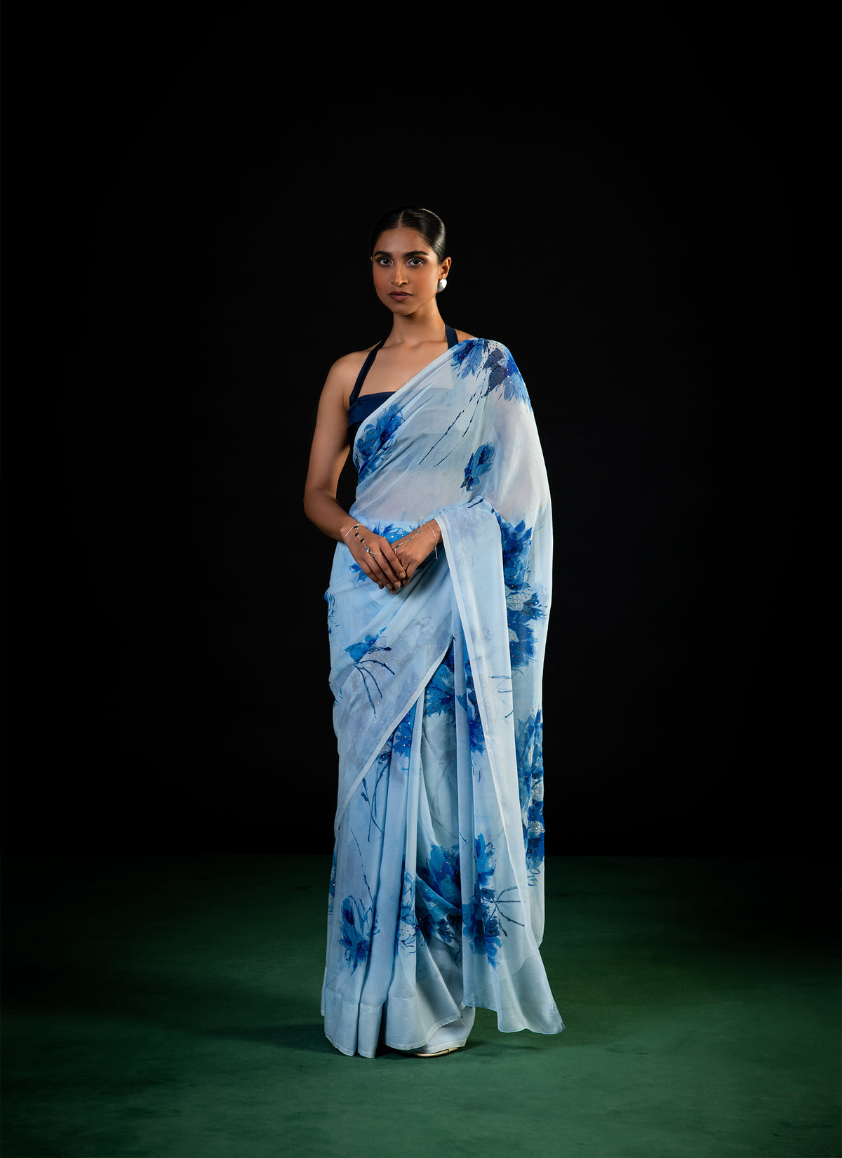 Sprig - Aqua Silk Chiffon Embroidered Saree