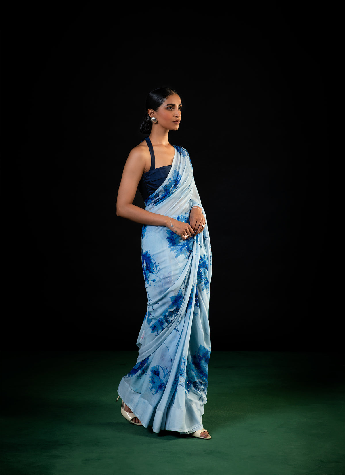 Sprig - Aqua Silk Chiffon Embroidered Saree
