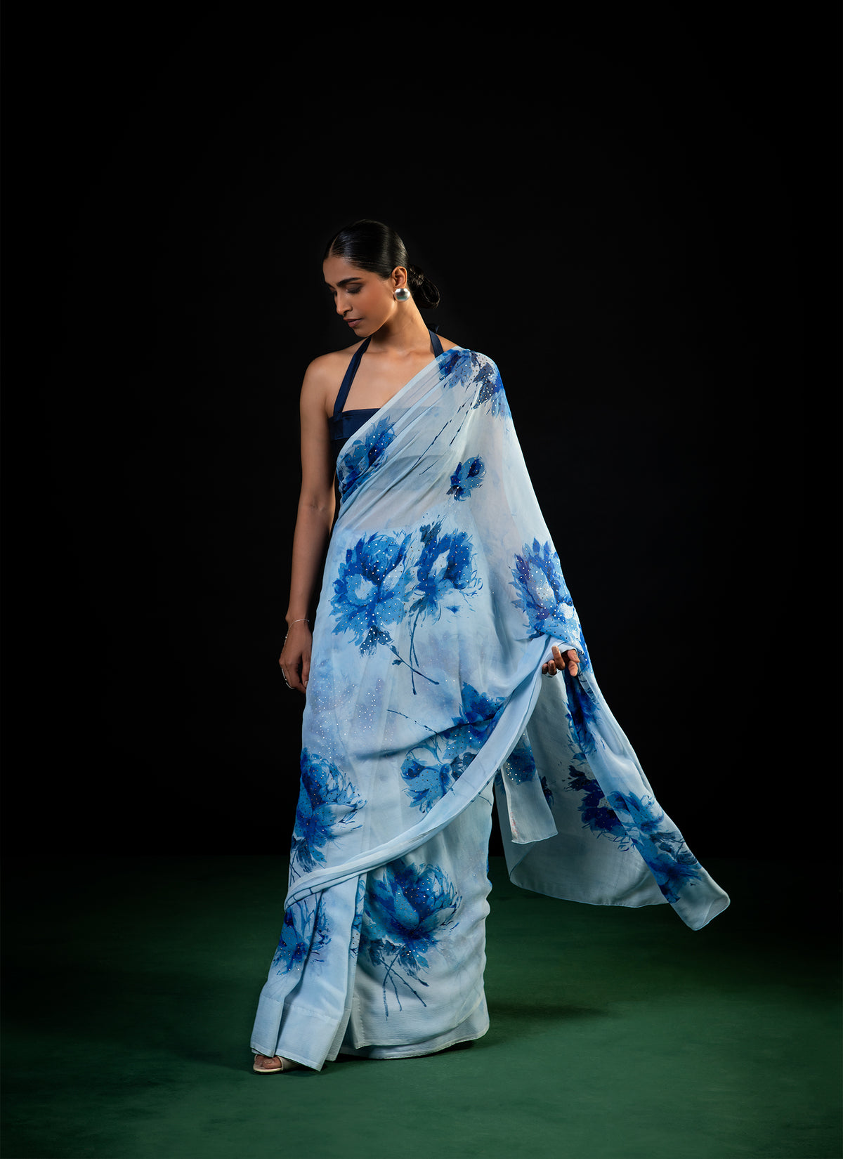 Sprig - Aqua Silk Chiffon Embroidered Saree