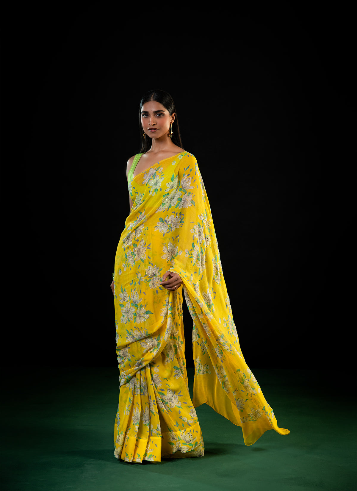 Clover - Yellow Floral Silk Chiffon Embroidered Saree