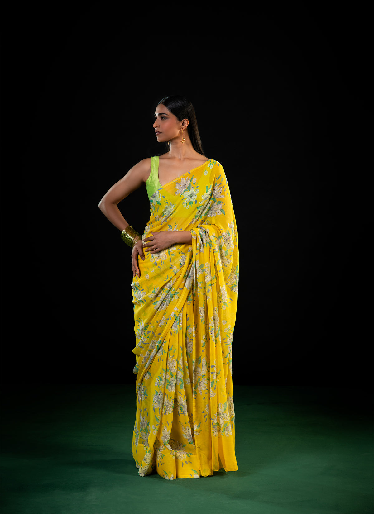 Clover - Yellow Floral Silk Chiffon Embroidered Saree