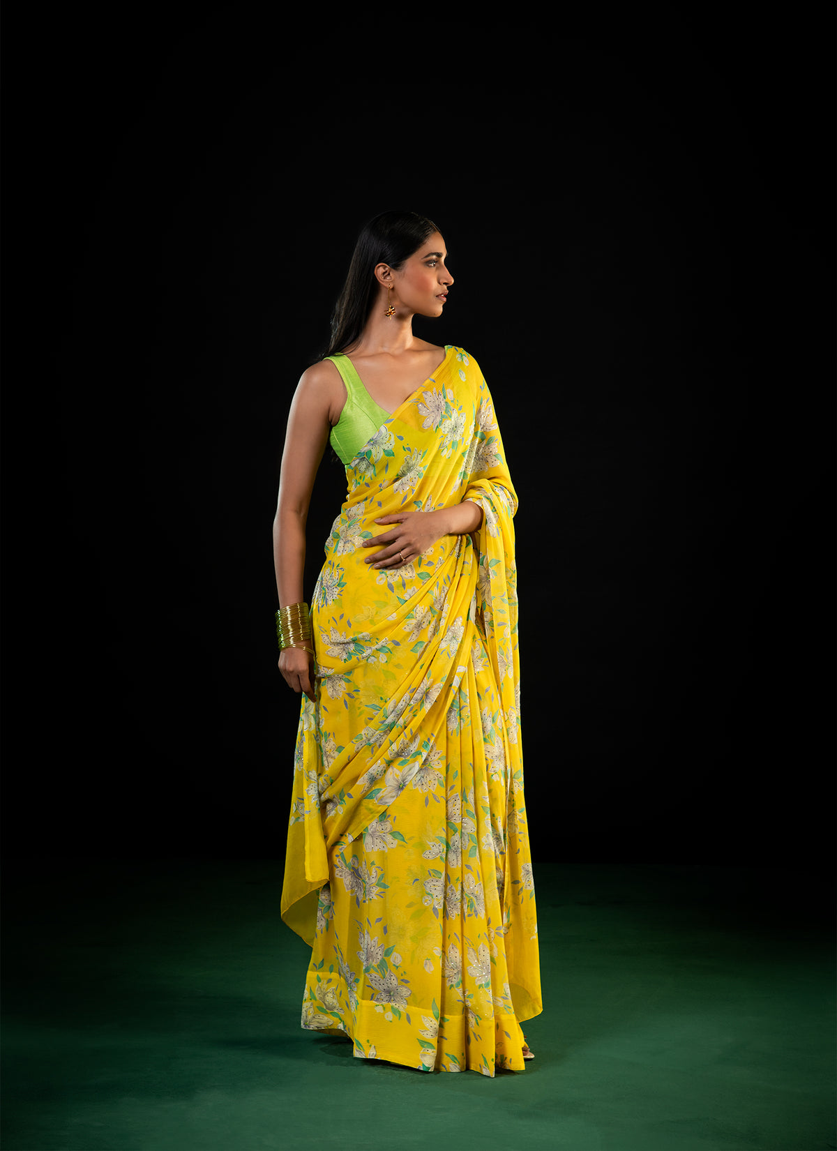Clover - Yellow Floral Silk Chiffon Embroidered Saree