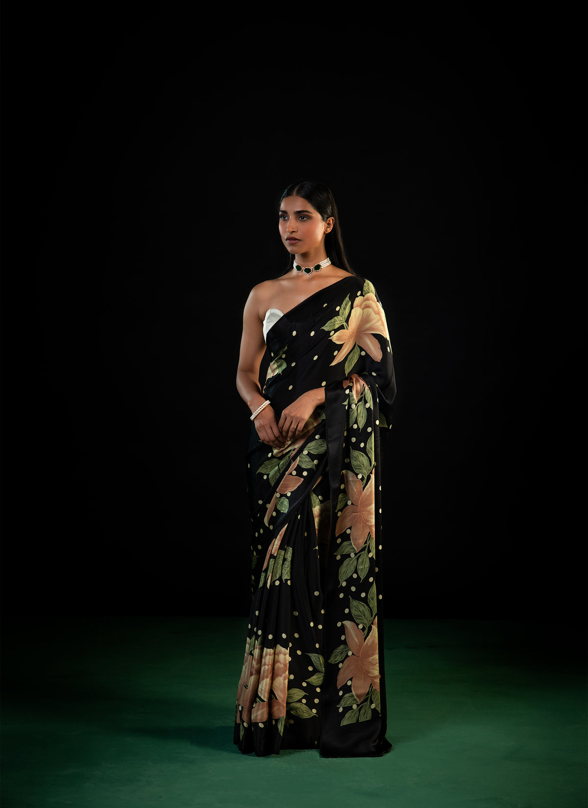 Sitara - Black Floral Print Silk Saree