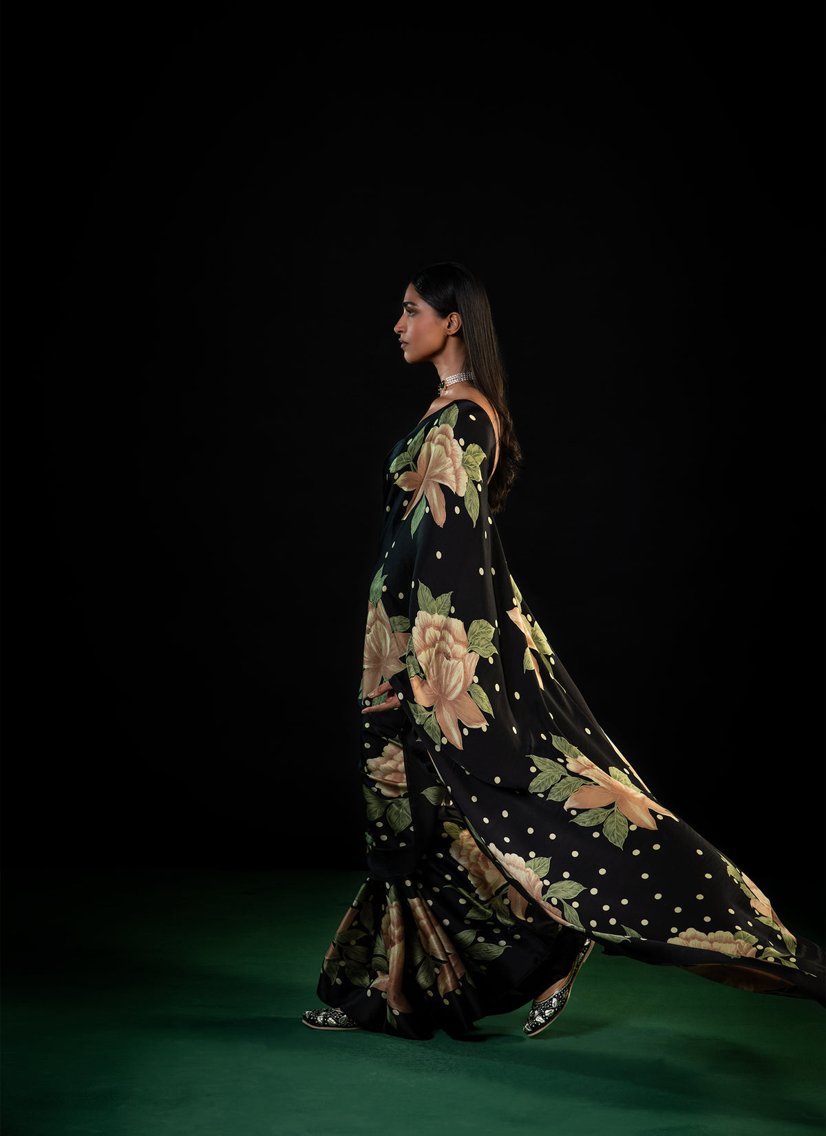 Sitara - Black Floral Print Silk Saree
