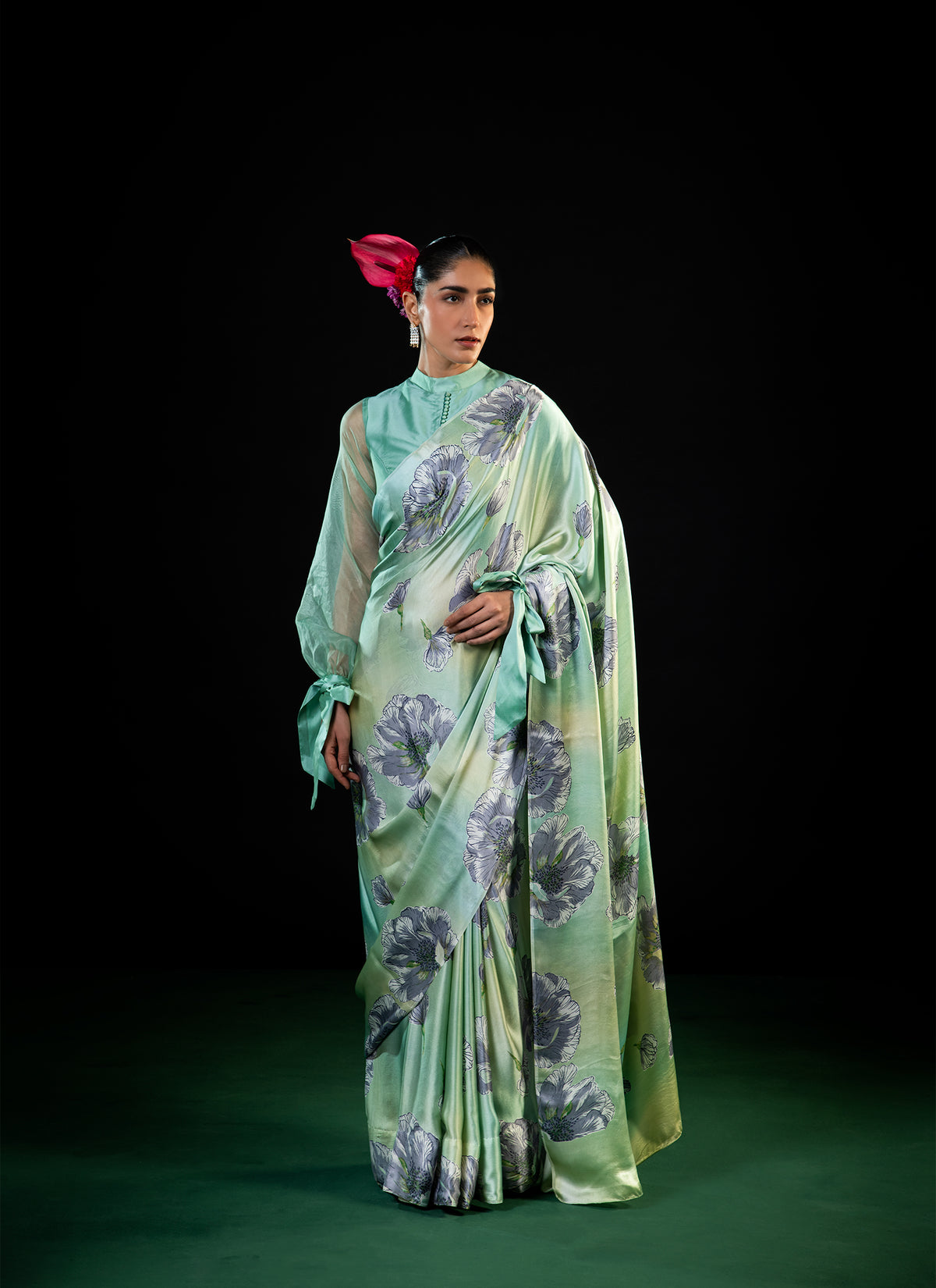 Neel - Mint Floral Print Silk Saree