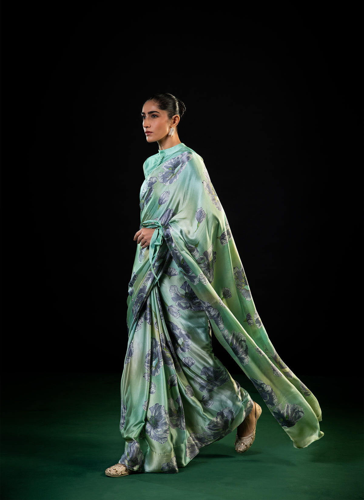 Neel - Mint Floral Print Silk Saree